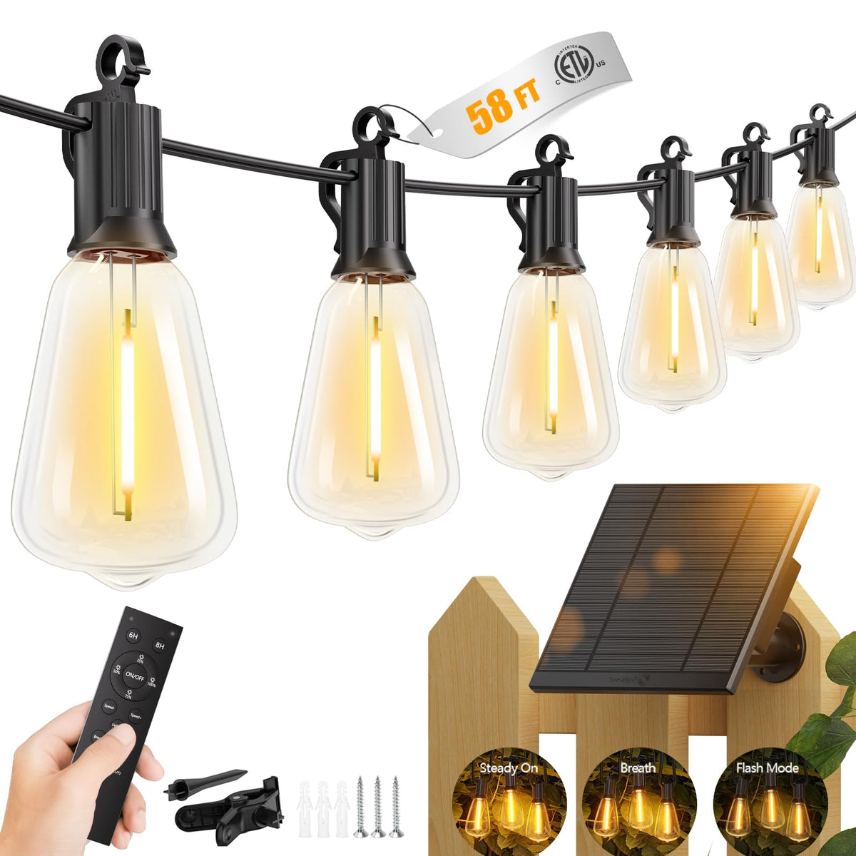 58FT Solar String Lights Outdoor (58FT(25 Sockets))