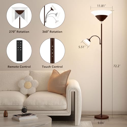 2-in-1 Torchiere Floor Lamp, 34W Super Bright LED Standing Lamp with Remote & Touch Control, 72" Dimmable Adjustable Corner Reading Lamp for Living Room, Bedroom, Office, Brown (Brown)