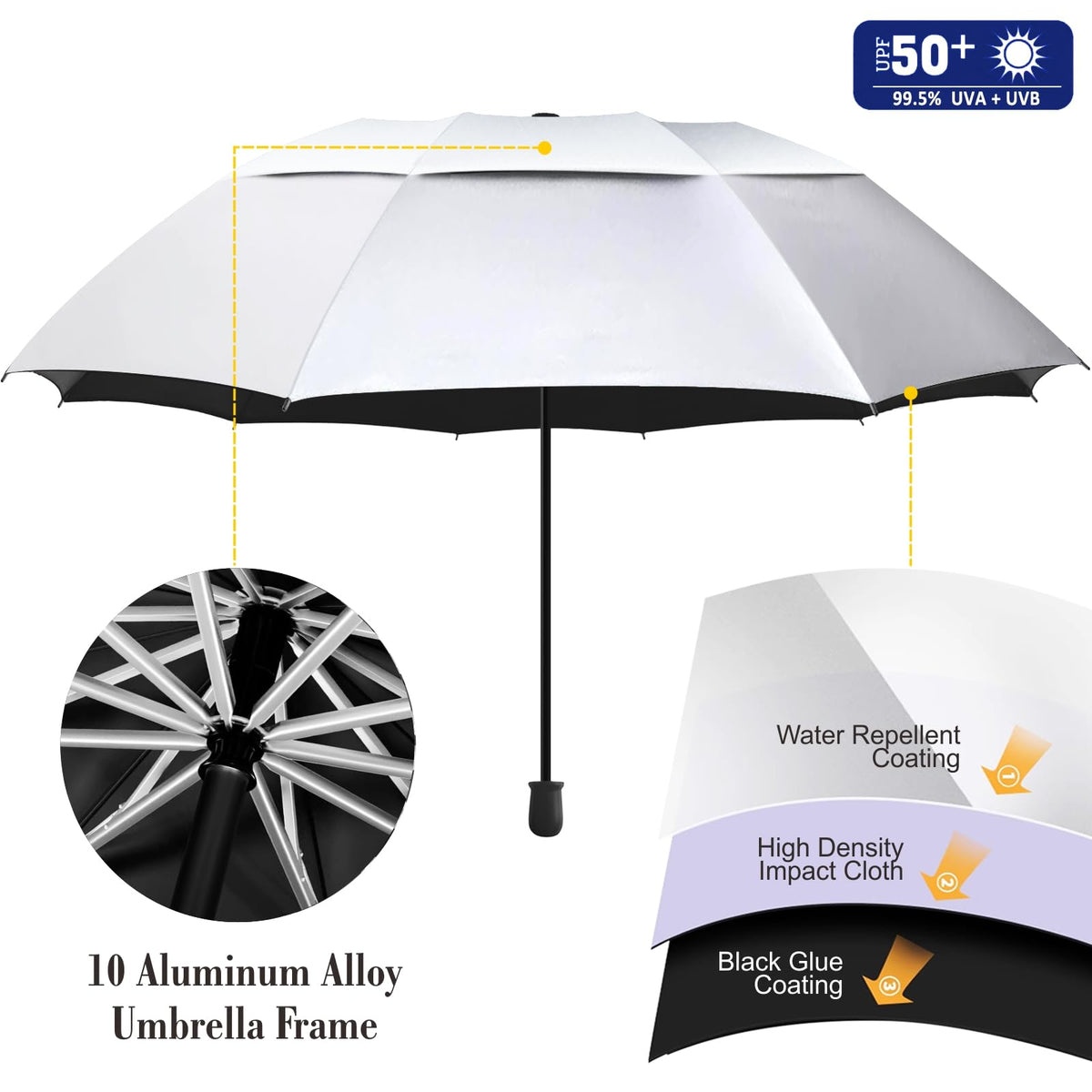 UPF 50+ Golf Umbrella with Adjustable Universal Clamp (Titanium Silver / 43.3")