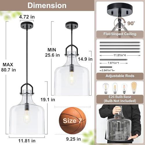 15"H Large Glass Pendant Light Fixtures with Clear Oversized Glass (Black)