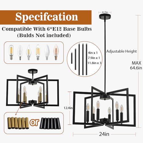 6 Light Black Chandelier for Dining Room Light Fixture Over Table Foyer Lighting Fixtures Modern Farmhouse Geometric Metal Hanging Industrial Chandeliers for Entryway Kitchen Hallway (Black / 6-Light)