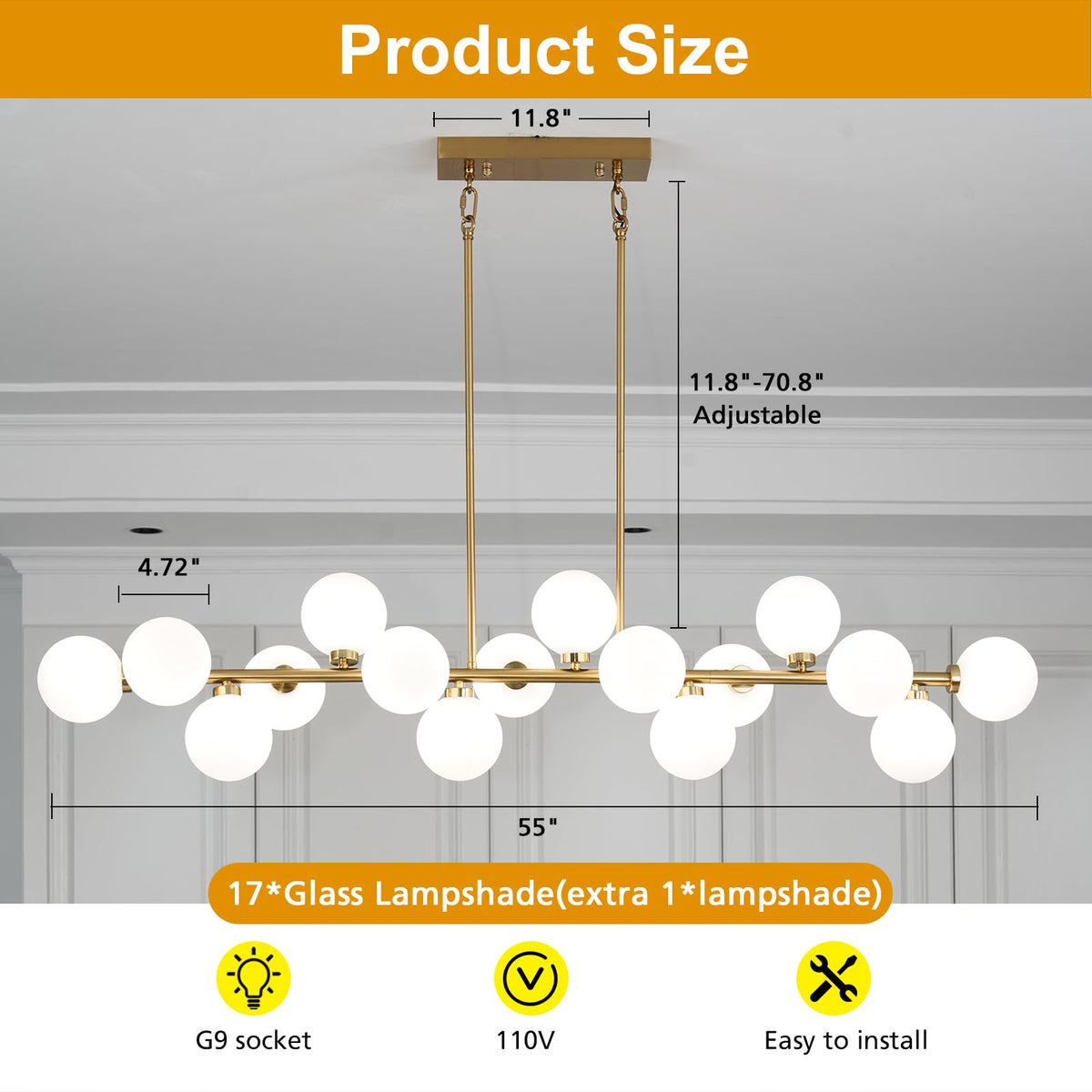 55 Inch Brass Gold Linear Chandelier (Gold with Milky White Shade / 16 Lights)