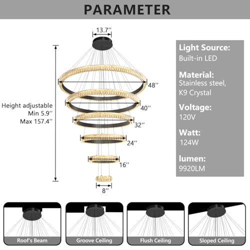 47" 6 Ring Crystal Chandelier Modern LED Dimmable Ring Pendant Light Chandelier for Dining Room Living Room Black (Black / 6 Ring Round 47")