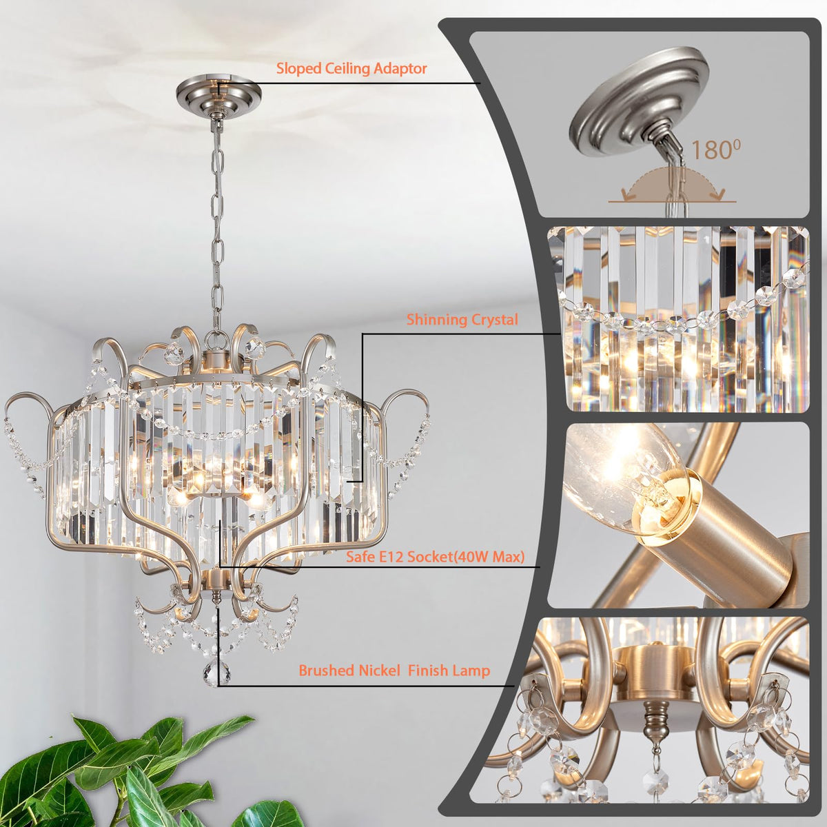 Modern Crystal Chandelier for Dining Room 24" Brushed Nickel Light Fixtures 6