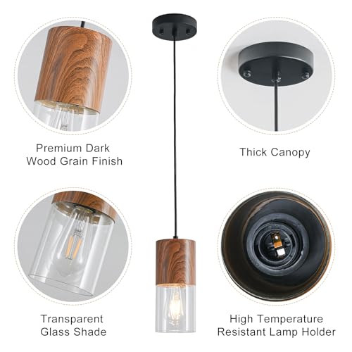 2 Pack Modern Pendant Lights for Kitchen Island (Brown Wood Grain & Transparent—Cord / 2 Pack)