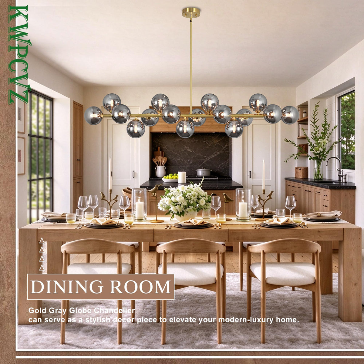 16 Lights Linear Chandeliers for Dining Room (Gold and Smoke Gray Shade / 55inch)