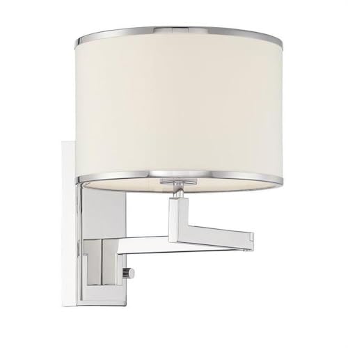 Contemporary 1 Light Swing Arm Wall Sconce in Polished Nickel and White Fabric Oval Drum Shade