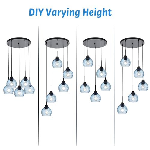5 Light Cluster Pendant Lighting with Striped Swirl Globe Glass Blue Pendant Light for Kitchen Island (Blue / 5-Light-Round Cluster)