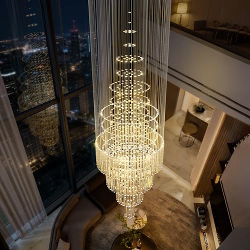 D32''X H110'' Large Crystal Chandeliers for High Ceiling Modern Gold Raindrop Chandelier Stairway Chandelier Crystal Flush Mount Ceiling Light for Living Room Staircaes Foyer (Gold / D32"X H110")