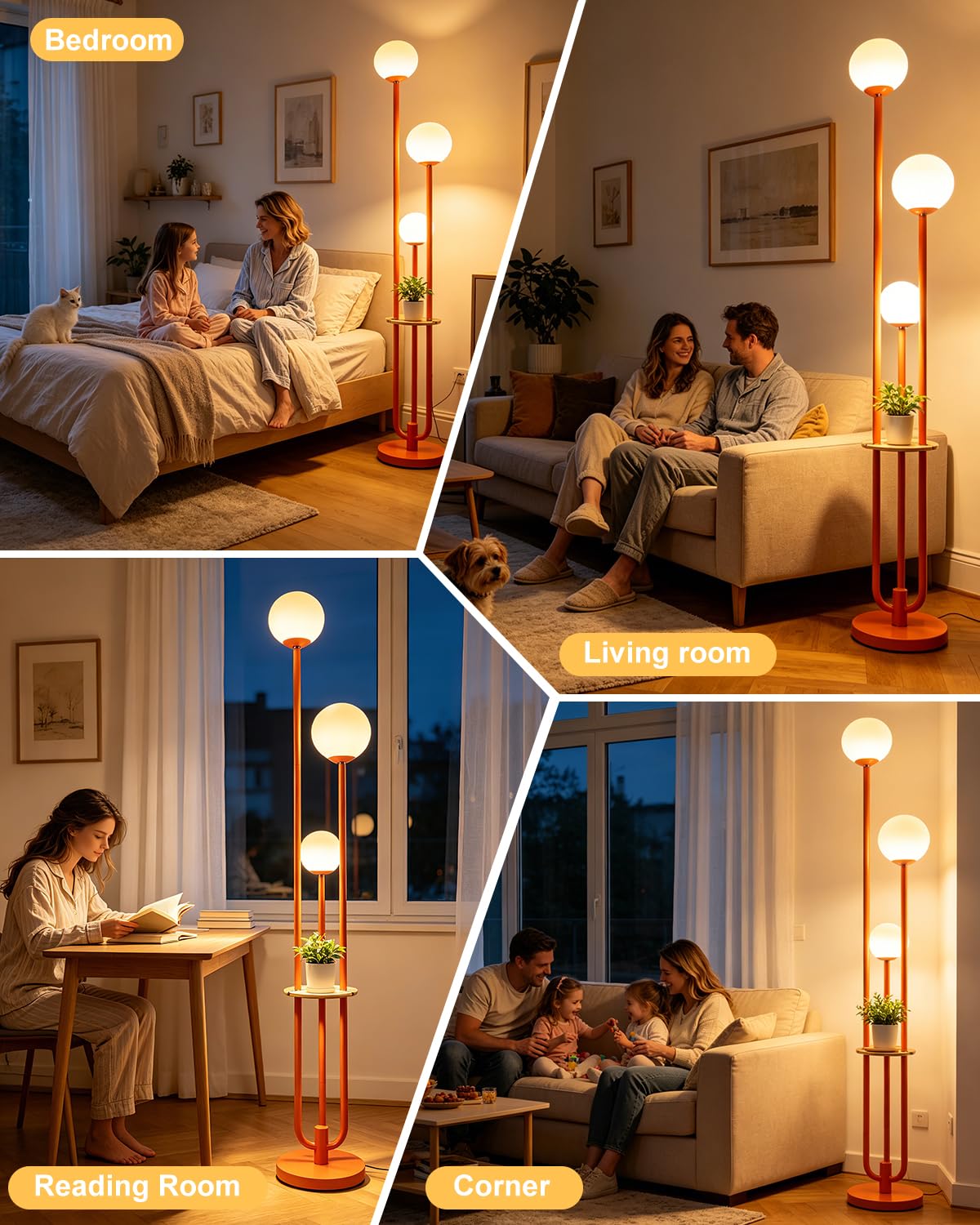 Dimmable 3 Light Globe Floor Lamp with Storage Shelf (Orange-3UE)
