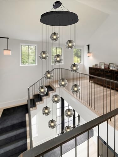 H138 Modern Smoke Gray Glass Globe Chandelier Large Chandeliers for High Ceiling 15 (Smoke Grey / Globe 15-Light)