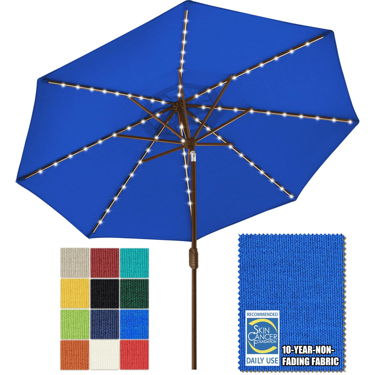USA 10-Year-Non-Fading 9ft Market Patio Umbrella, Commercial Grade Table Sun Umbrella with 80 Solar LED Lights, Crank Open, Windproof & UPF 50+ UV Protection for Garden, Deck, Pool, Backyard, Royal Blue (Royal Blue / 9 FT(Single Vent Tilt))