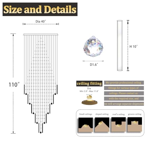 D40 x H110 Gold Raindrop Crystal Chandelier LED Dimmable Contemporary Chandelier Large Pendant Light for Entryway Stairway Foyer (Gold / D40"X H110")