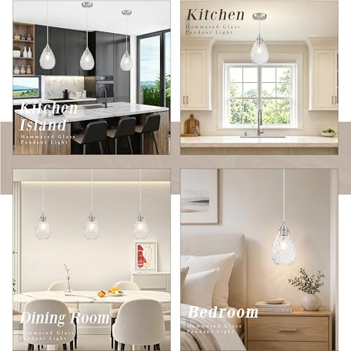 Nickel Glass Pendant Lights Kitchen Island 6.3" Pendant Light Hammered Clear Glass 3 Pack Height Adjustable Modern Hanging Pendant Lights for Dining Room Bedroom Hallway Sink Bulbs Incl (Nickel, 3 PK / 6.3 Inch)