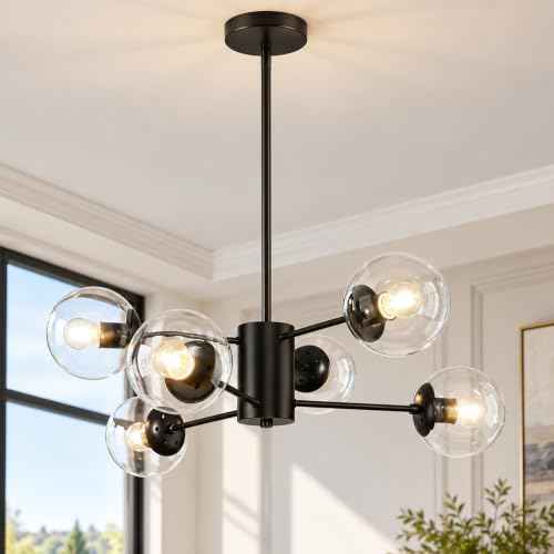 6 Light Globe Sputnik Chandelier Modern Black Sputnik Chandelier Mid Century Pendant Light Matte Black Finished with Clear Globe Glass Lampshade Chandeliers for Dining Room Kitchen (Clear, Black, M)