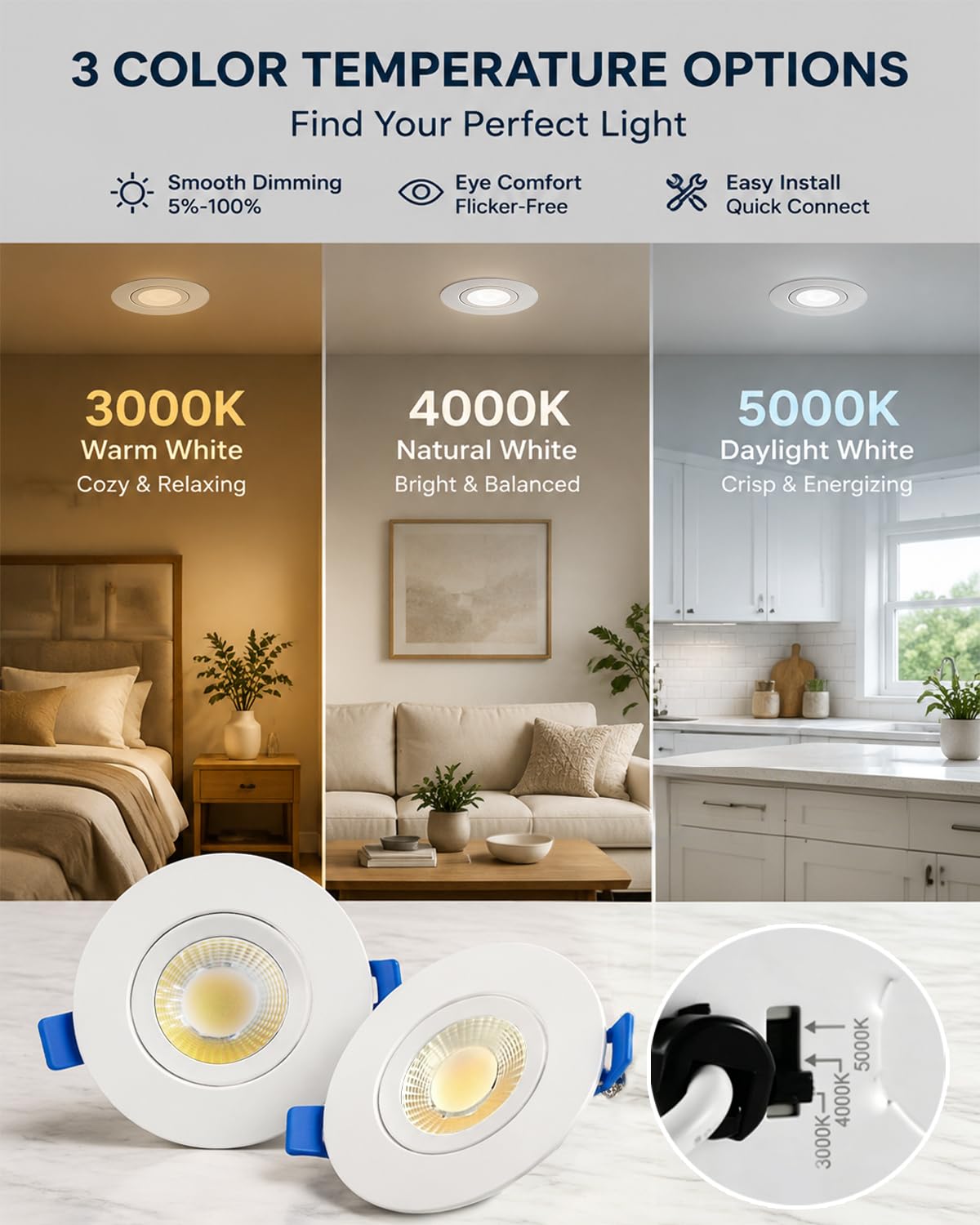 6 Packs 3 Inch Gimbal Led Recessed Light with Junction Box 10w (White 3CCT / 3in 6pack)