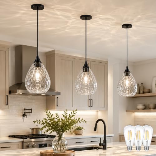 Black Glass Pendant Lights Kitchen Island 8" Pendant Light Hammered Clear Glass 3 Pack Height Adjustable Modern Hanging Pendant Lights for Dining Room Bedroom Hallway Sink Bulbs Incl (Black, 3 PK / 8 Inch)