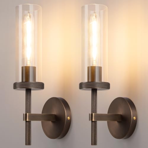 15" Knurled‑Craft Hardwired Bronze Wall Sconce (Bronze-Clear Tube / 15″-2 Pack)