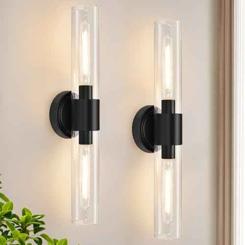 Wall Sconces Set of Two (Matte Black & Clear Glass / Hardwired-22 Inch-2PC)