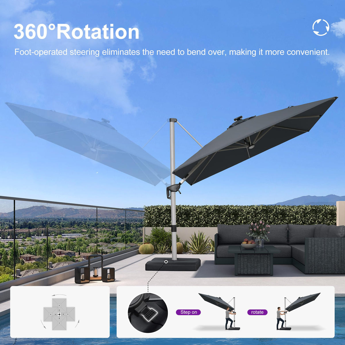 Patio Umbrella with Base Included 9' X 11.5' Solar Light (Grey / 9' X 11.5')