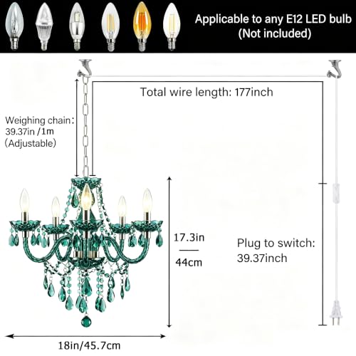 Plug in 5 Lights Green Crystal Hanging Acrylic Chandelier H19 D19.7 (Green-L)
