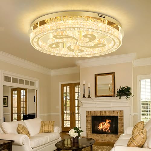 Modern Crystal Chandeliers for Dining Room Flush Mount Ceiling Chandelier for Living Room Dining Room Ring LED Crystal Ceiling Light (32in Gold)