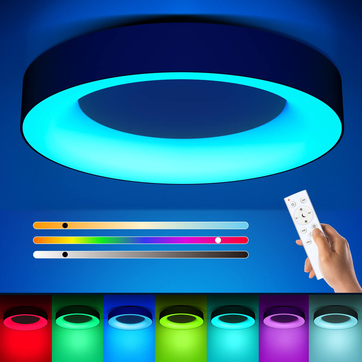 RGB Led Flush Mount Ceiling Light with Remote Control (Black / 11 inch)