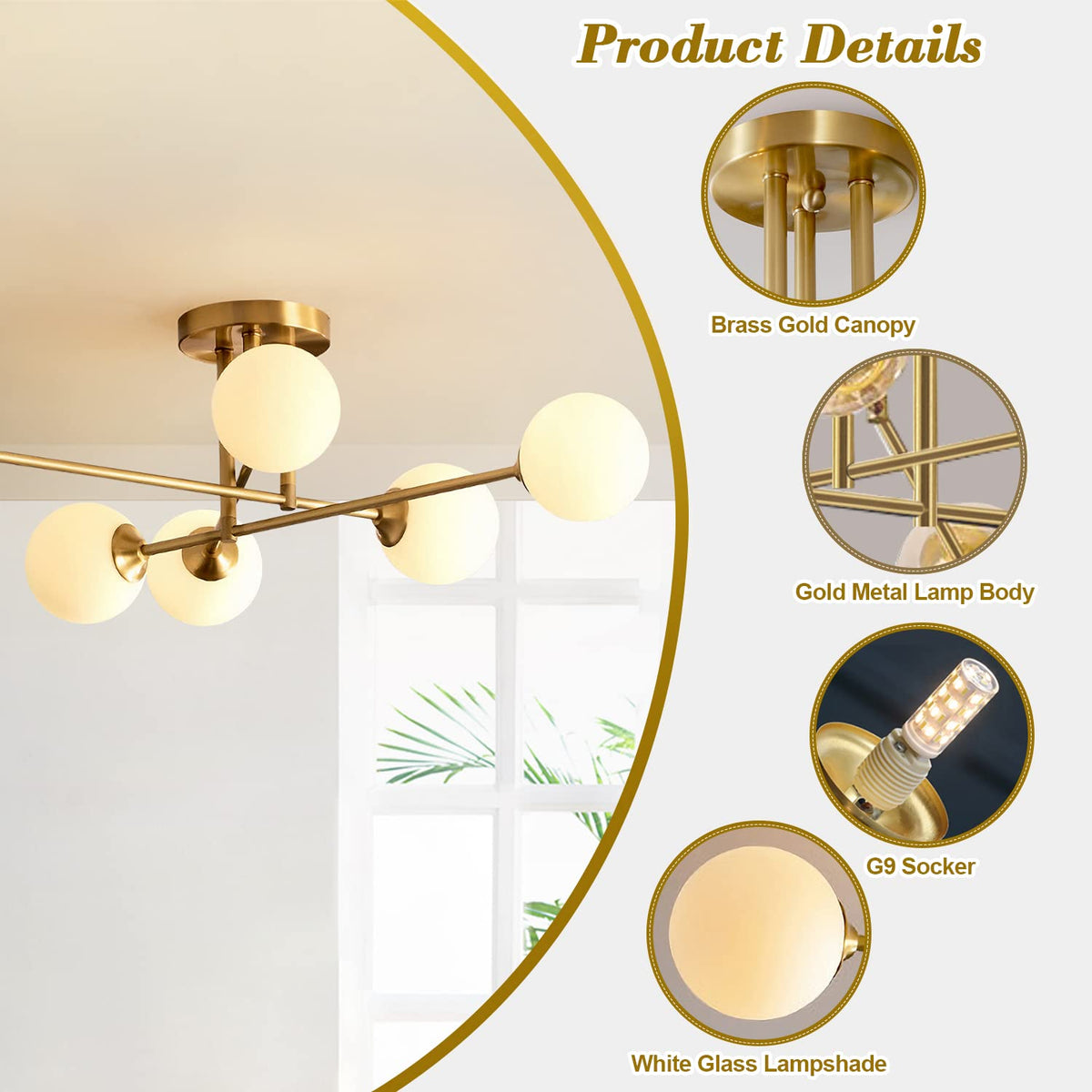 Modern Globe Sputnik Flush Mount Ceiling Light Mid Century 6 (White-6 Light)