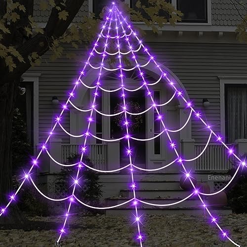 Spider Web Lights Halloween Decorations Outdoor 16.4FT Giant Spiderweb Lighted Decor 135 Purple LED Light Up Outside House Yard Garden Porch Tree Party Large Huge Big Fake Triangular Cobweb Decorative (White web, Purple lights)
