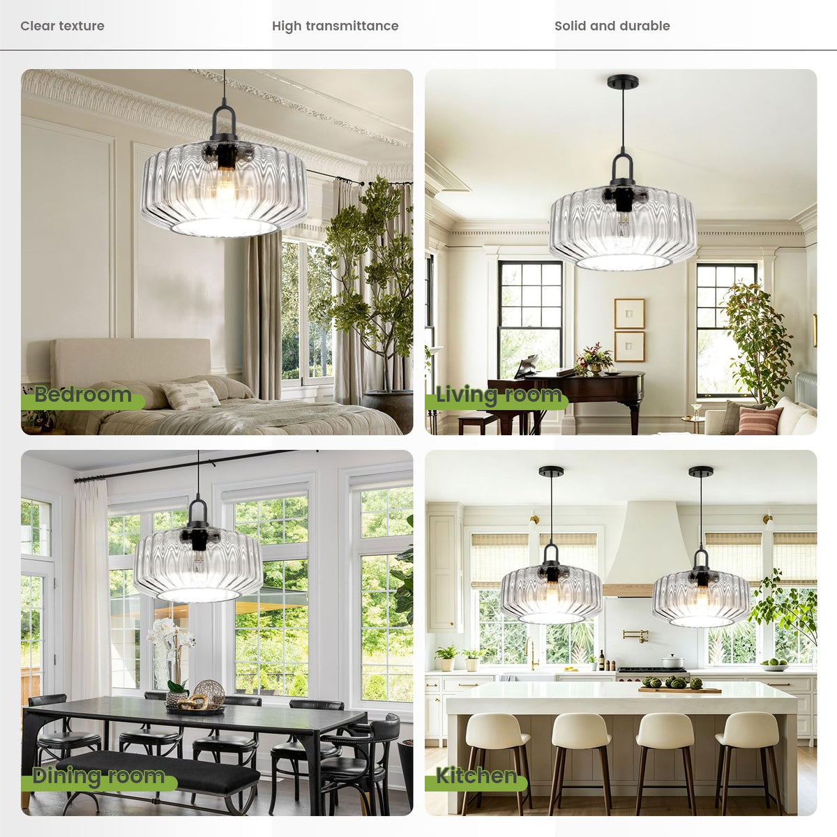 Clear Ribbed Large Glass Pendant Light Black 13.78″ light fixture (13.7″Clear)