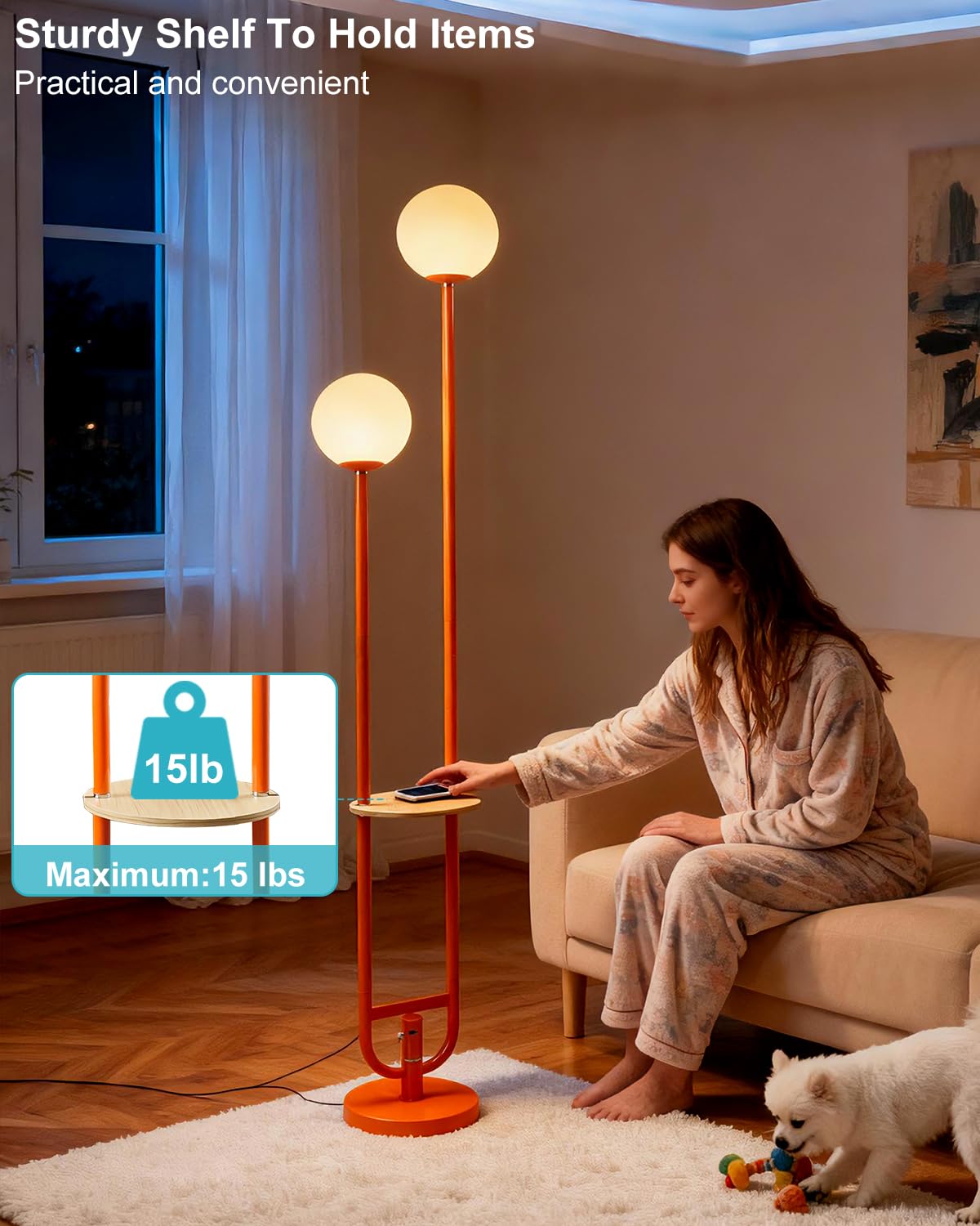 63IN 2 Globe Orange Floor Lamp Dimmable Tall Standing Lamps with Table 3000K Warm White Unique Modern Mid Century Floor Lamp with 5Lbs Heavy Base for Living Room Bedroom Home Office (Orange-2U)