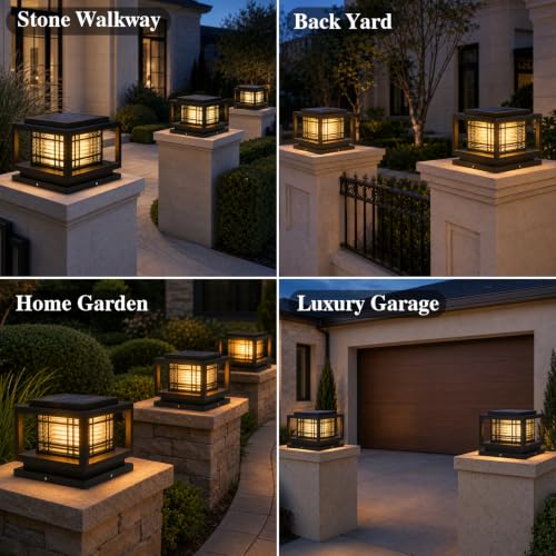 Outdoor Solar Outdoor Column Lights Modern Post Caps Light Aluminum IP65 Waterproof Pillar Light Square Landscape Column Lamp for Patio Posts Flat Surface Garden Decoration Post Lanterns (25cm)