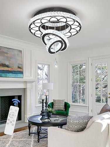 Dia 20" Modern Crystal Chandelier Flush Mount Chandeliers LED Dimmable Bedroom Chandelier Crystal Ceiling Light for Dining Room Living Room Foyer Black (Black / W:20inches)