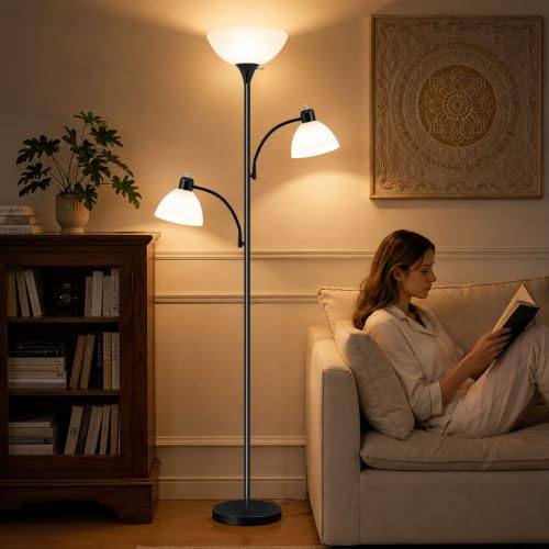 72" 3 Head Torchiere Floor Lamps with 2 Reading Lamp for Living Room (Black)