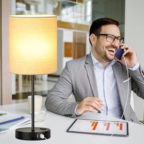 Set of 2 Touch Beige Table Lamps with 2 USB Ports & AC Outlet (Beige Linen & Matte Black (Base) - 2700K)