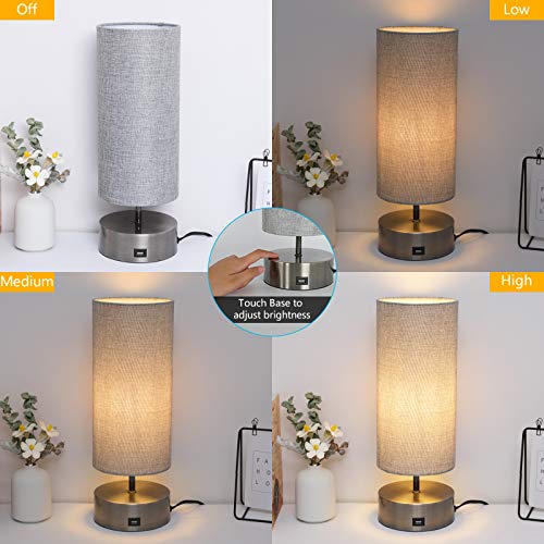 3 Way Dimmable Touch Control Table Lamp with USB Charging Port Set of 2 (Grey 1 Fabric Shade)