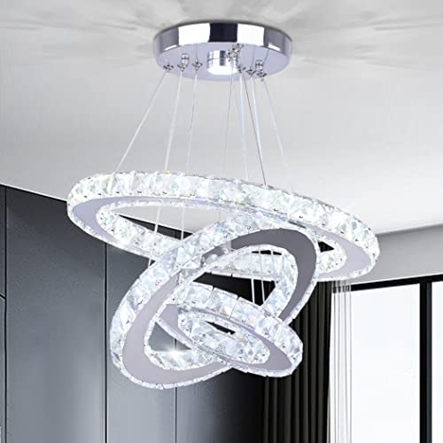 Modern LED Crystal Chandeliers 3 Rings Pendant Light Adjustable Height Ceiling Lamp for Dinning Room Bedroom Living Room