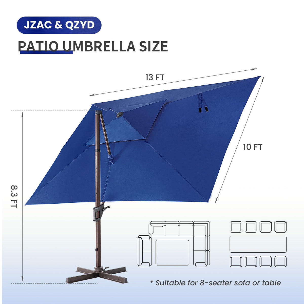 10x13 FT Cantilever Offset Patio Umbrella with Lights (Navy)