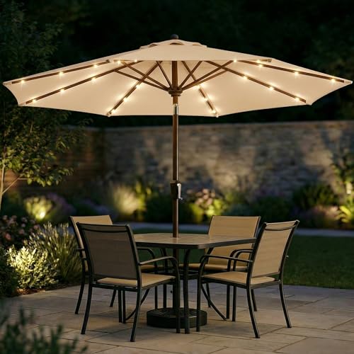 10FT Solar Patio Umbrella with Lights (Khaki / 10 FT)