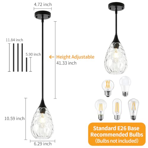 Black Pendant Lights Kitchen Island Hammered Glass Light Fixture (1 Pack Black)