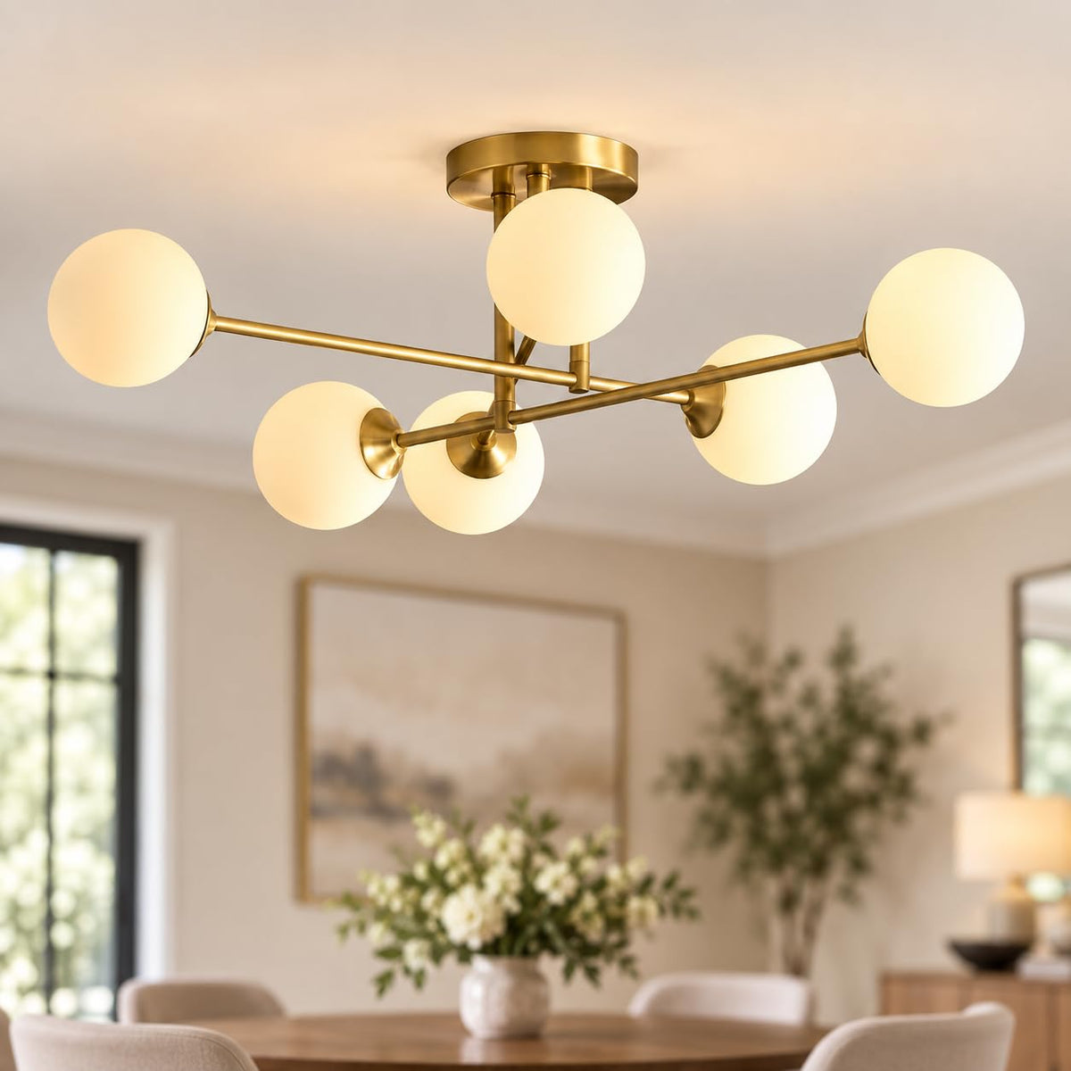 Modern Globe Sputnik Flush Mount Ceiling Light Mid Century 6 (White-6 Light)