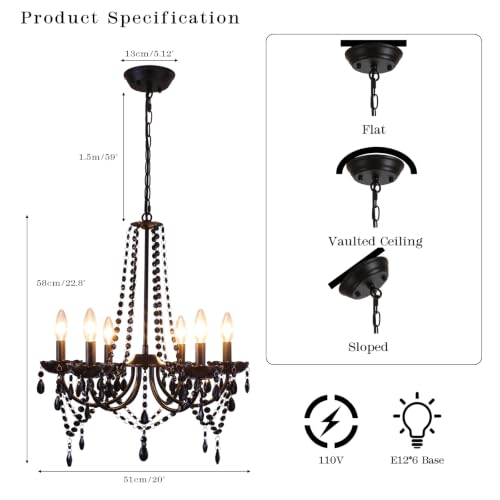 Crystal Black Chandeliers for Dining Room 6 Light Gothic Candle Chandelier (Black)