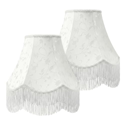 White Bell Fringe Lamp Shades Set of 2 (White Tassels — 2 Packs / Medium — 6" x 13" x 10.6")
