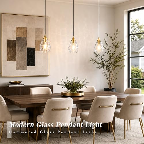 Gold Glass Pendant Lights Kitchen Island 6.3" Pendant Light Hammered Clear Glass 3 Pack Height Adjustable Modern Hanging Pendant Lights for Dining Room Bedroom Hallway Sink Bulbs Incl (Gold, 3 PK / 6.3 Inch)