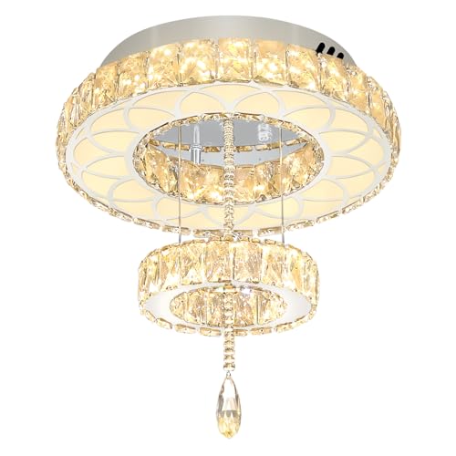 16inch Modern Mini Crystal Chandelier for Hallway LED Crystal Ring Chandeliers Dimmable Flush Mount Ceiling Light for Dining Room Living Room Bedroom (Silver / W:16inches)