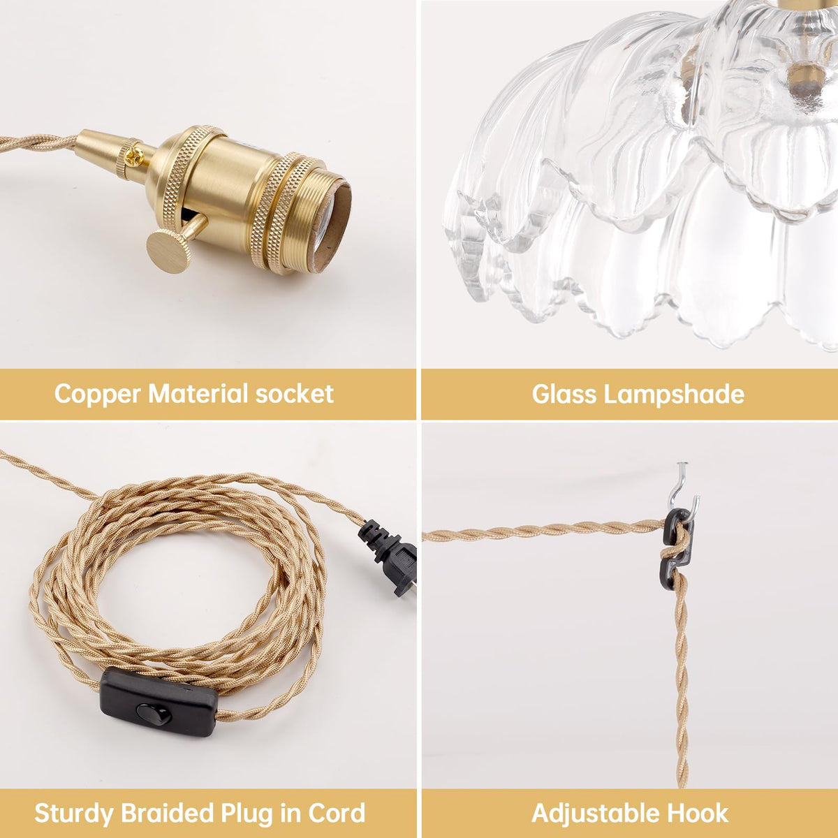 Plug in Pendant Light Hanging Light Fixtures with Plugin Cord On (Yellow Clear)