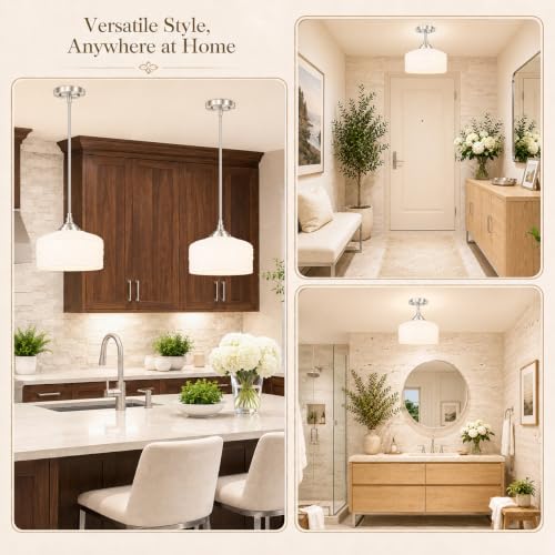 Brushed Nickel Vintage Pendant Lights Kitchen Island for Bathroom (Nickel+White Patterned Glass / 9.45in)