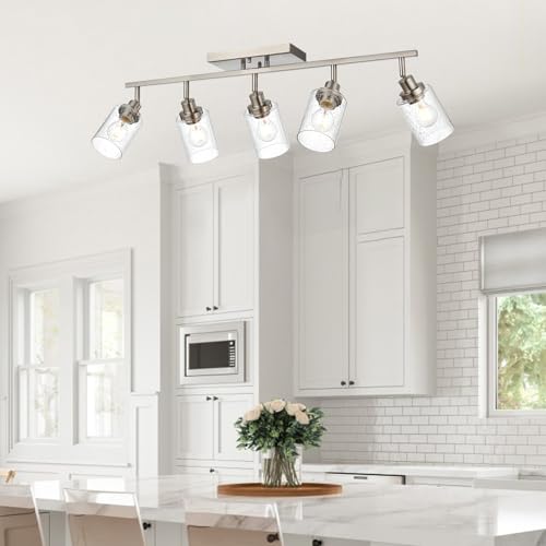 5 Light Brushed Nickel Kitchen Track Lighting Fixtures Ceiling Mount Track Lighting Kit with Bubble Seeded Glass Shade Modern Bathroom Tracking Vanity Lights Ceiling Tracking Accent Shop Light (Brushed Nickel / 5-Light)