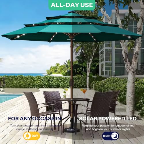 USA 10-Year-Non-Fading 10ft 3-Tier Market Patio Umbrella, Commercial Table Umbrella with 80 Solar LED Lights, Crank Open, Windproof & UPF 50+ UV Protection for Garden, Deck, Pool, Backyard, No Tilt, Teal (Teal / 10FT(Triple Vents No Tilt))