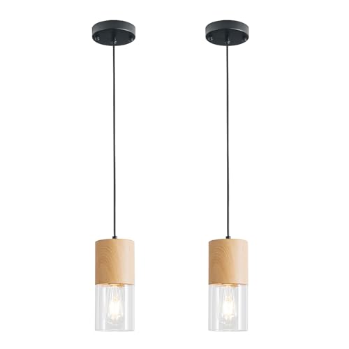 2 Pack Modern Pendant Lights for Kitchen Island (Wood Grain & Transparent—Cord / 2 Pack)